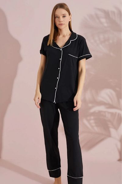 Farya Home Set de pijamale pentru cămașă cu mânecă scurtă din bumbac, cu mâneci scurte, cu buzunar