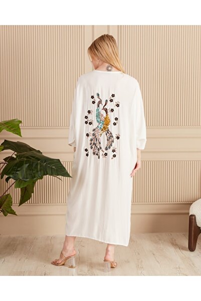 Eceyaman moda women's white back and front peacock sequin embroidery battal plus size dress