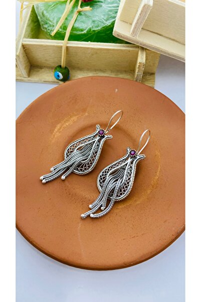 Midyat Artuklu Gümüşçülük Yakut Taşlı Telkari Lale Modeli Gümüş  Küpe