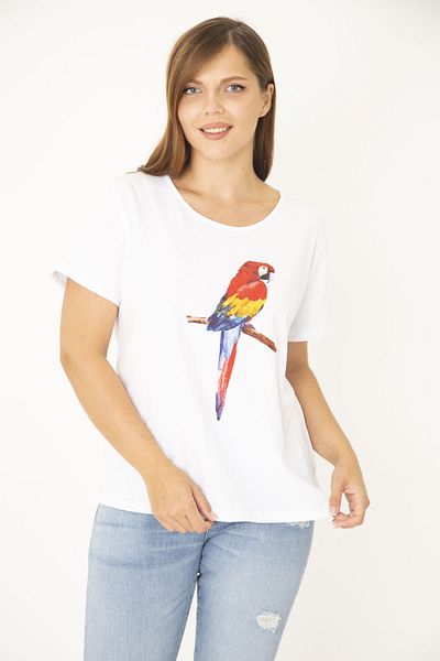 Şans Women's Plus Size White Cotton Fabric Front Printed Blouse 65n36938