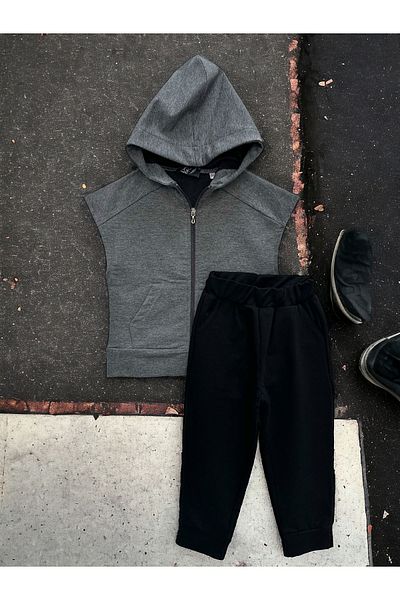 DGK COLLECTİON طقم بدلة رياضية للأولاد بغطاء للرأس وسحاب أنثراسايت-أسود غير مطبوع