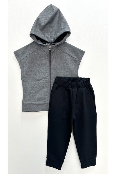 DGK COLLECTİON طقم بدلة رياضية للأولاد بغطاء للرأس وسحاب أنثراسايت-أسود غير مطبوع