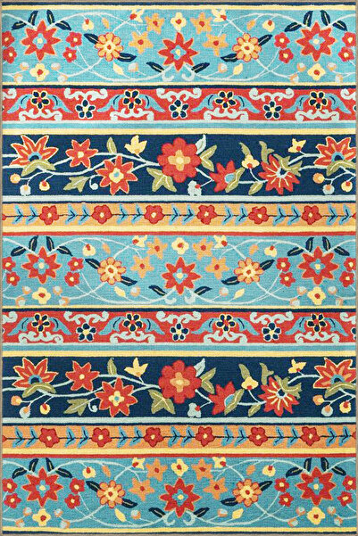 Rugs Modern Halı Floral Mavi Renkli Çizgili Desenli Dokuma Taban Halı 4231