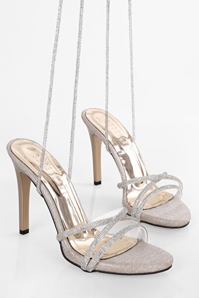 Shoeberry Kadın Linds Altın Simli Bağlı Topuklu Ayakkabı