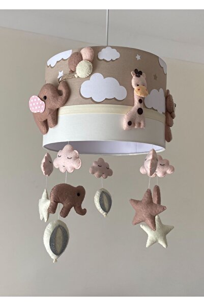 Leobabyroom Kahve Bulutlu Krem Şeritli Karışık Hayvan Figürlü Açık Pudra Renk Kombinli Bebek Odası Avize