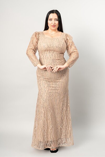 fevzuss Gold Simli Büyük Beden Kol Detay Balık Abiye