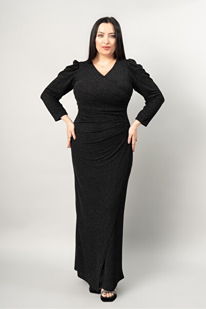 fevzuss فستان سهرة بتصميم سمكة مقاس كبير بأكمام من القماش الأسود المرن