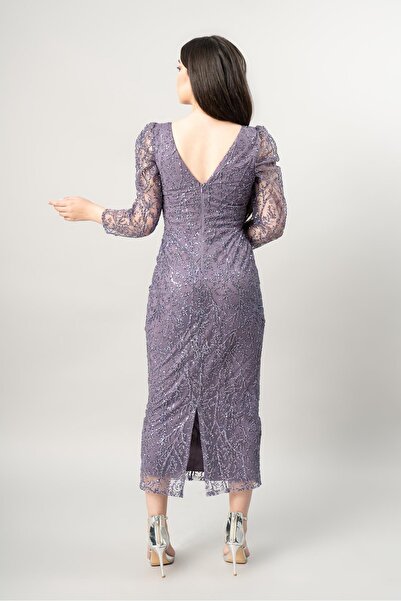 fevzuss Lavanta Kare Yaka Sim Baskı Midi Boy Abiye