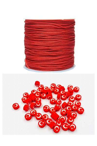 yiğit aksesuar 50 Turkish Flag Fimo Beads and Red Parachute String 100 Meters