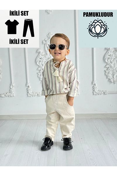 Ares Kids Fashion Light Cream Unisex Shirt and Pants Set - Striped Holiday Baby and Children's Clothing