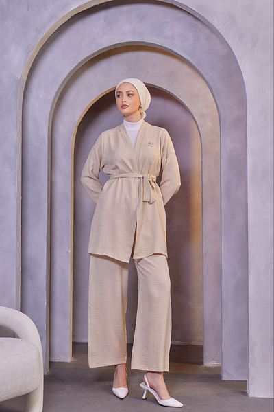 Bold Grup Women's Beige Brooch Trousers Pocketed Kimono Belted Linen Set