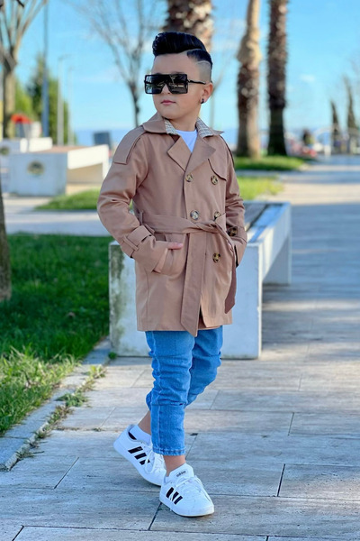 Tarz Çocuk Boy's Trench Coat Coat Jeans Trousers T-Shirt Three Pieces Style Set