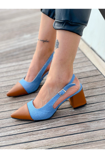 irmona DİBBA KOT TABA DERİ SIVRI BURUN 2 RENKLI TOPUKLU SANDALET