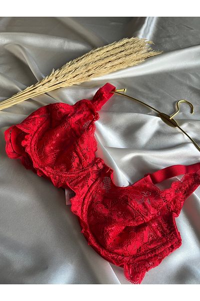 MODELLİFE B Cup Full Cup Lace Red Bra Underwire Unlined Wire Full Coverage Stylish and Gathering Bra