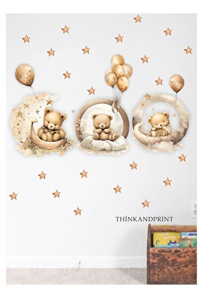 Think And Print Ayıcıklı Uyuyan Uçan Balonlar Uçan Balon Çocuk Odası Duvar St...