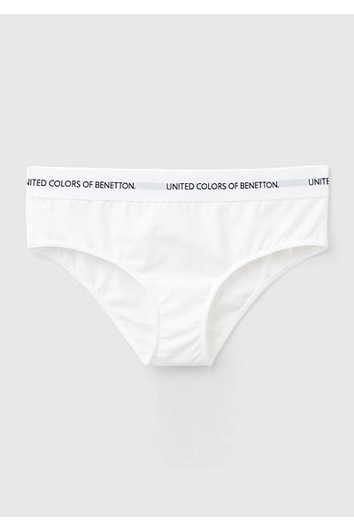 United Colors of Benetton سراويل داخلية نسائية من القطن الأبيض المخلوط بشعار Beli اللامع ومطبوعة بقصة كلاسيكية