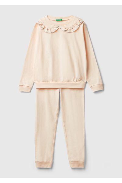 United Colors of Benetton Girls' Powder Waist Gathered Bottom and Ruffled Bib Collar Top Pajamas Set
