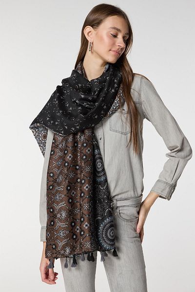 Axesoire 15069 Multi-Patterned Tasseled Black Shawl