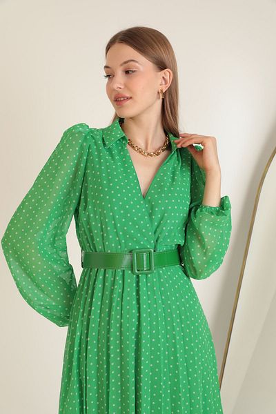 munora butik Chiffon Fabric Polka Dot Skirt Pleated Green Midi Dress
