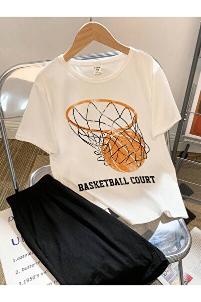 MORNİNG KİDS Set de tricou-short cu imprimeu teren de baschet alb-negru pentr...