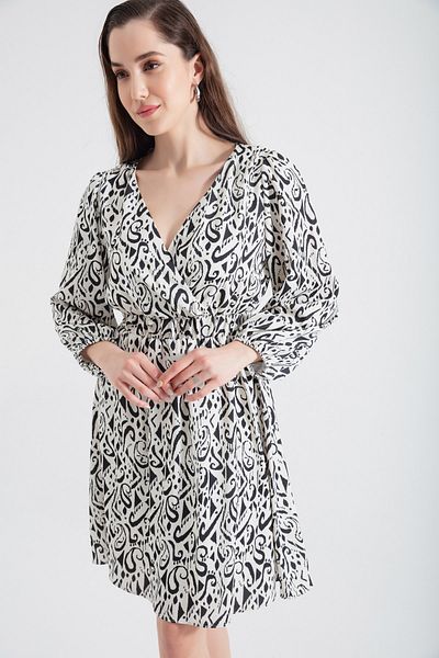 Lafaba Women's White Double Breasted Collar Patterned Mini Dress