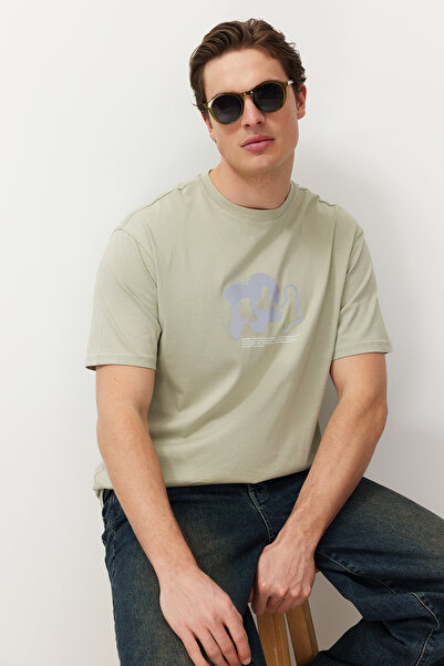Trendyol Collection Reflector Printed Mint Oversize Cotton T-Shirt - Tmnss24Ts00191