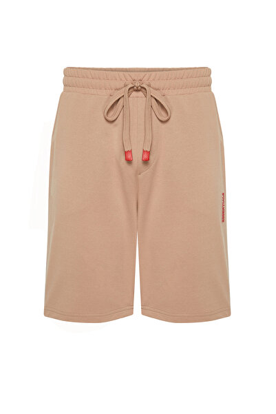 Trendyol Collection Τυπωμένο κείμενο μπεζ σορτς από καουτσούκ μέσης - με κορδόνι, κανονική κοπή TMNSS24SR00021