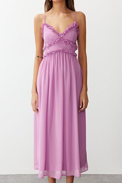 Trendyol Collection Fukszia virágmintás - A-vágott sifon maxi ruha fodros részletekkel és béléssel TWOSS23EL02013