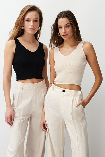 Trendyol Collection Black-Ecru Double Pack Knitwear Thin Blouse Twoss24Bz00579