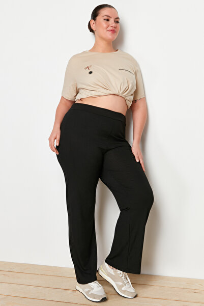 Trendyol Curve Μαύρο ψηλόμεσο φαρδύ πλεκτό παντελόνι συν μέγεθος TBBSS23AR00003