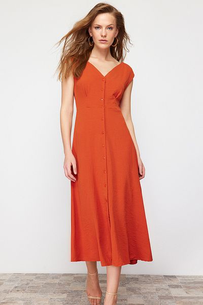 Trendyol Collection Rochie cămașă țesută Midi, fără mâneci, cu nasturi și gresie TWOSS24EL00442