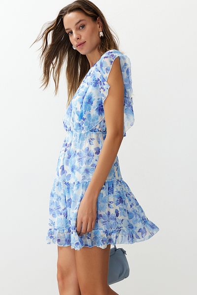 Trendyol Collection Rochie mini țesută cu flori albastre cu deschidere în talie TWOSS24EL00745