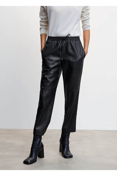 MANGO Woman Leather Look Elastic Waist Trousers