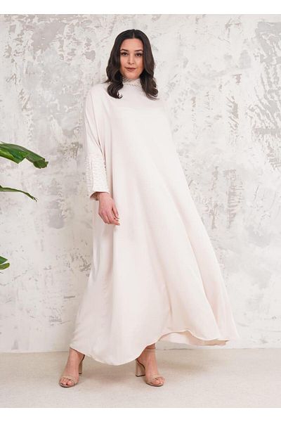 MAY MARA WOMEN'S DOMINANT COLLAR AND SLEEVES PEARL EMBROIDERED COMFORTABLE FIT DRESS ECRU