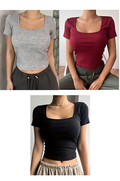 ÖZ PAMUK Tricou negru din bumbac tricotat cu guler pătrat, 3 piese, pentru femei