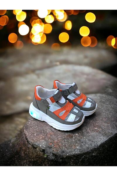 CihanShoes Baby Boy Orthopedic Velcro Flexible Light Breathable White Gray Orange Color Lighted Baby Sneaker S