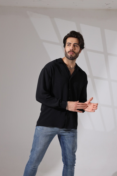 tynemode Cămașă neagră pentru bărbați, cu mâneci lungi, cu croiala largi, de ...