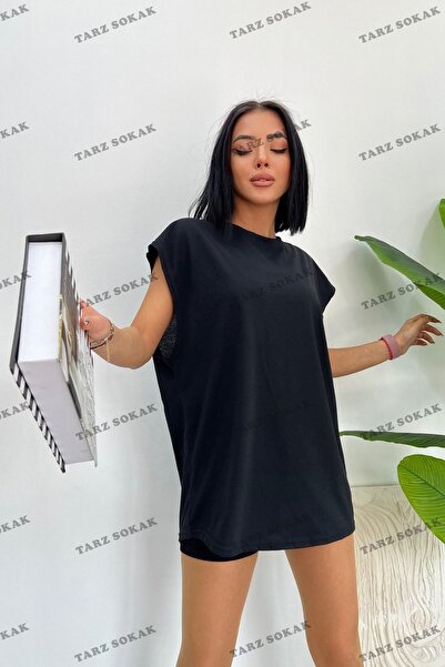 Tarzsokak Unisex Black Basketball Zero Sleeve Crew Deck Oversize Loose Basic ...