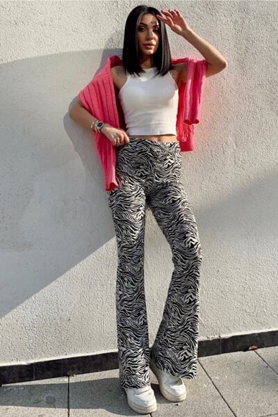 KaSheHa Ekru-siyah Krep Kumaş Zebra Desenli Likralı Yüksek Bel Toparlayıcı Is...