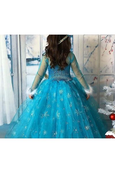 Parti Selesi Costum Frozen Elsa cu Tarlatan Rochie Albastra pentru Fata Pufoasa cu Cadou Sceara Coroana