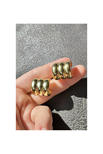 2D2B NATURE 3 lü Yarım Halka Görünümlü Bombeli Altın Renk Küpe