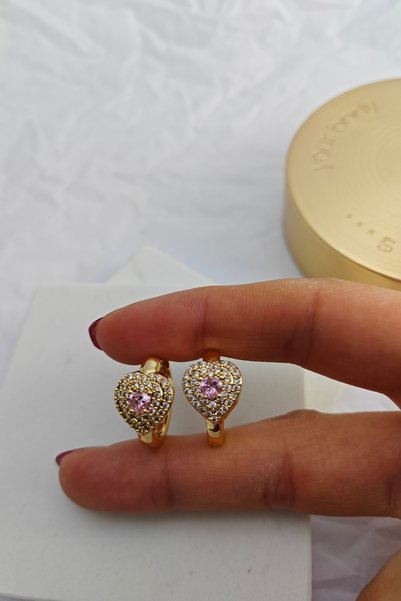KYOLA DESİGN Zircon Pink Stone Heart Earrings