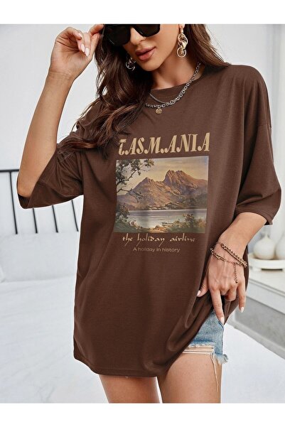 Deocept Tricou maro supradimensionat pentru femei cu imprimeu Tasmania