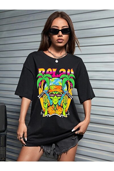 Deocept Black Oversize T-shirt Paradise Printed
