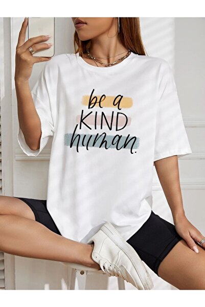 Deocept Be A Kind Human Printed Women's Oversize Gray Salas T-shirt Boyfriend