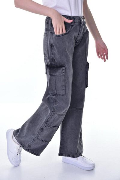 Asortik Kids Girl's 100% Cotton Cargo High Waist Wide Leg Jeans Jean Pants 10 Years-11 Years-12 Years-13 Years-14 Years