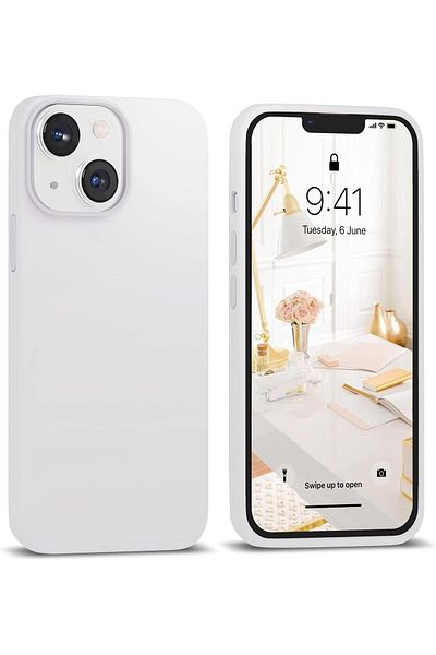 UCHOICE حافظة سيليكون بيضاء متوافقة مع هاتف iPhone 15، مقاومة للبقع، غطاء مرتفع للكاميرا من الداخل من جلد الغزال قابل للمسح