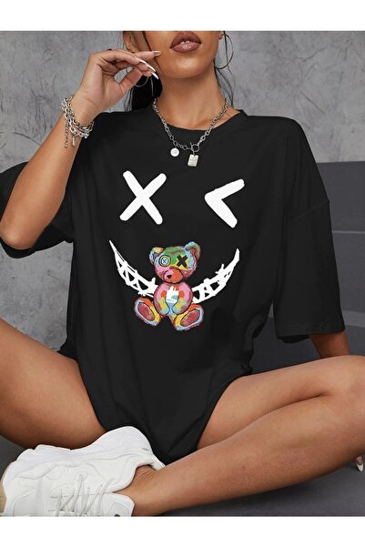 Deocept Μαύρο μπλουζάκι Oversize Smiling Bear Printed