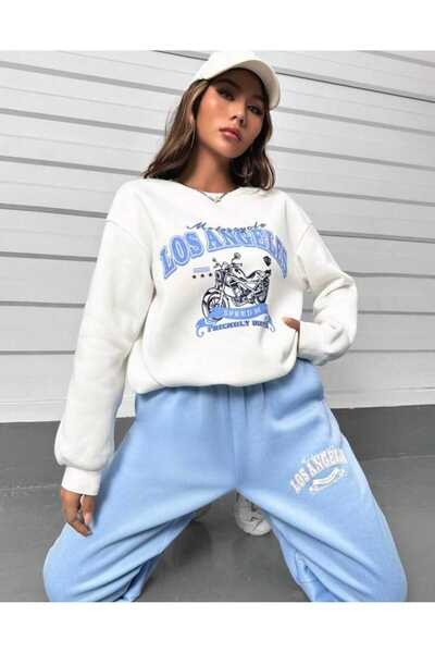 Deocept Set de trening oversize cu imprimeu albastru cu fund alb Boyfirend
