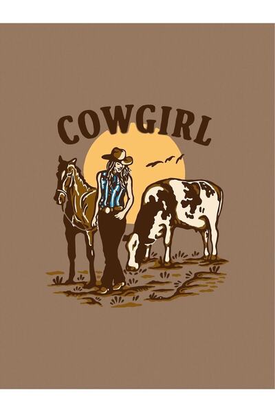 Deocept Γυναικείο μπλουζάκι με στάμπα Cowgirl Oversize καφέ
